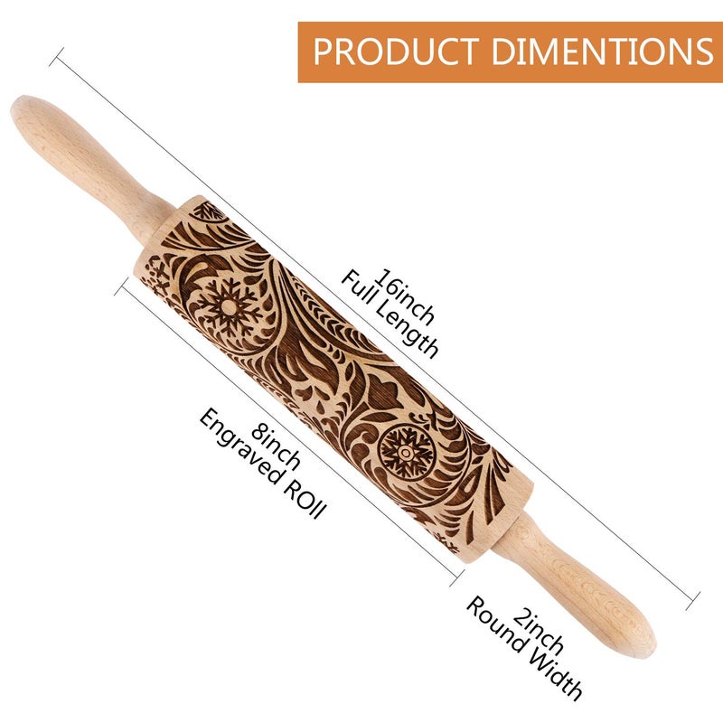 EVERMARKET Embossed Wooden Rolling Pin for Baking,Evermarket Deep Engraved Embossing Rolling Pin with Christmas Snowflake Flower Design for Baking Embossed Cookies,Cute Kitchen Decor DIY Tool for Adults - Image 2